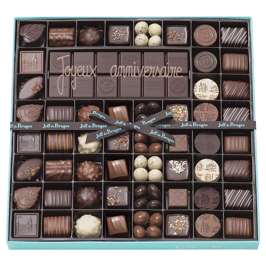 Toute la gamme, Boite chocolats assortis et tablette chocolat noir 80%  personnalisée - Jeff de Bruges