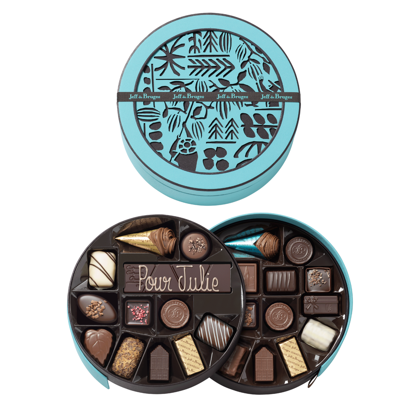 Round blue box 25 assorted chocolates with dark chocolate tiny