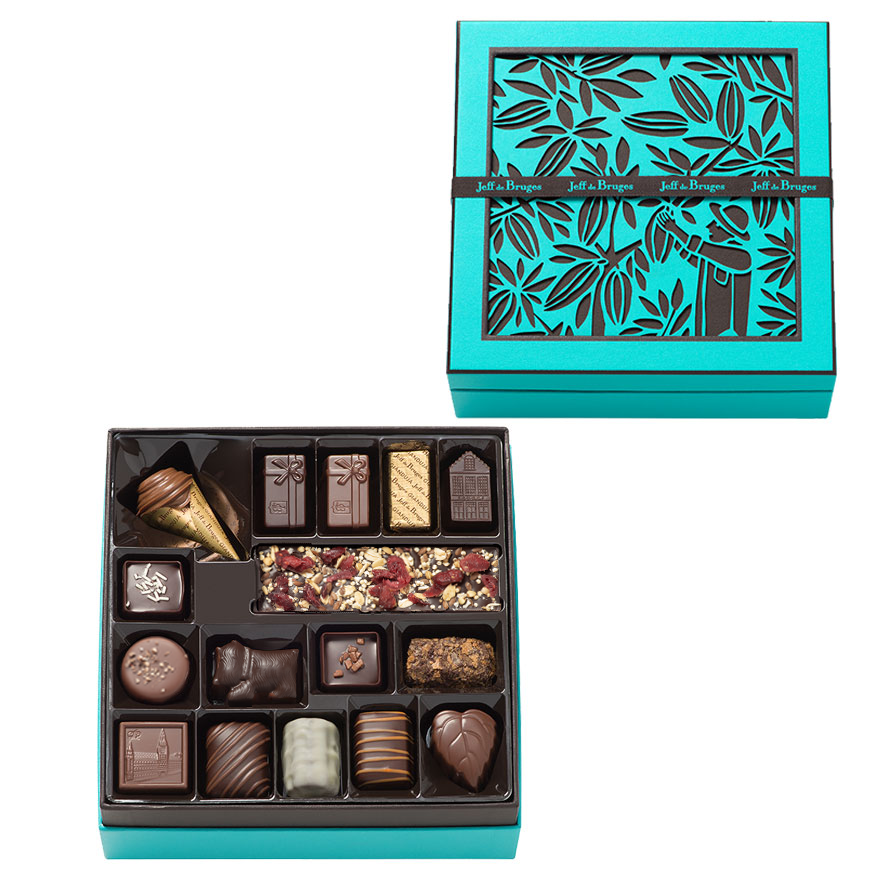 Blue square box - 33 assorted chocolates with dark chocolate tiny