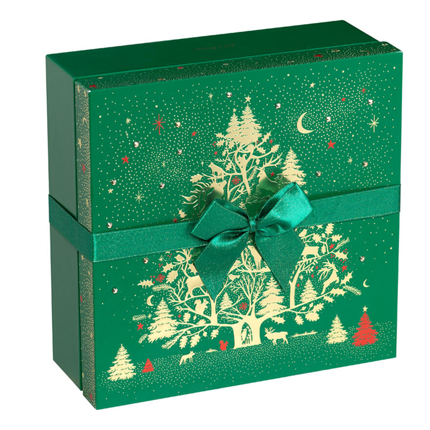 Chocolat Noël, Boite carrée verte sapins merveilleux - 33 chocolats  assortis barre noir sans personnalisation - Jeff de Bruges