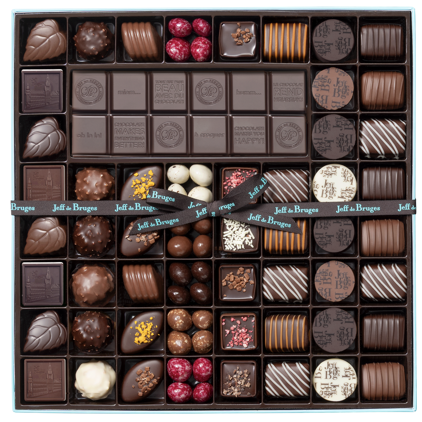 Box of 54 assorted chocolates and dark chocolate bar with