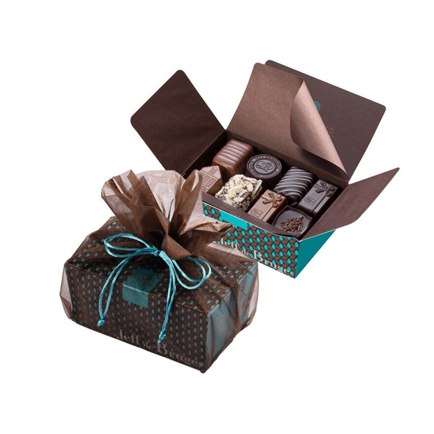 Ballotins chocolats, Ballotin 250 g chocolats assortis et pochette organdi  marron - Jeff de Bruges