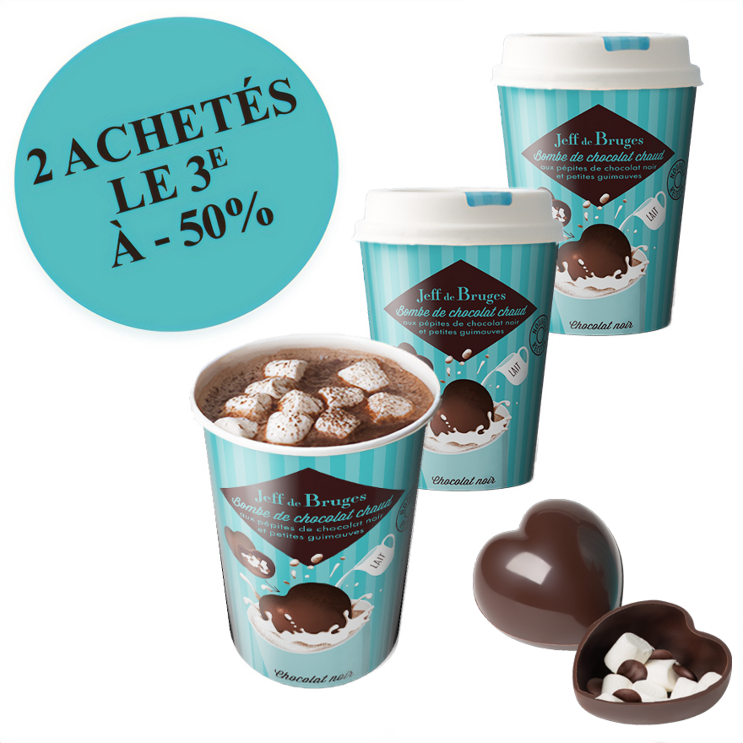3 Hearts 'Hot chocolate bomb' and its small marshmallows by Jeff de Bruges