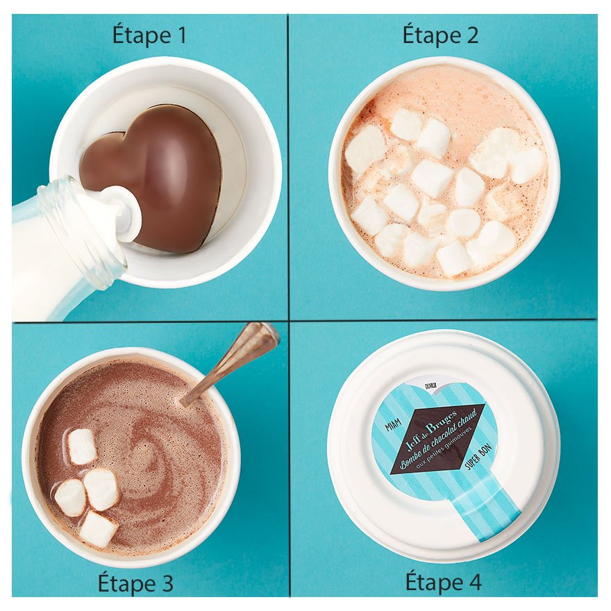 Chocolat chaud, 3 bombes coeur de chocolat noir et ses petites